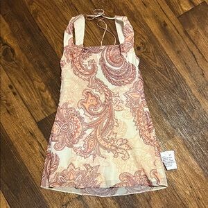Paisley Print Mini Dress - Cream and Pastel Peach